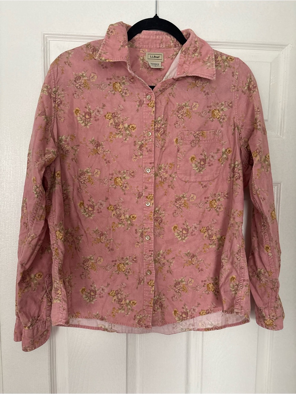 L.L.Bean Pink Floral Corduroy Button Down Shirt Women's L